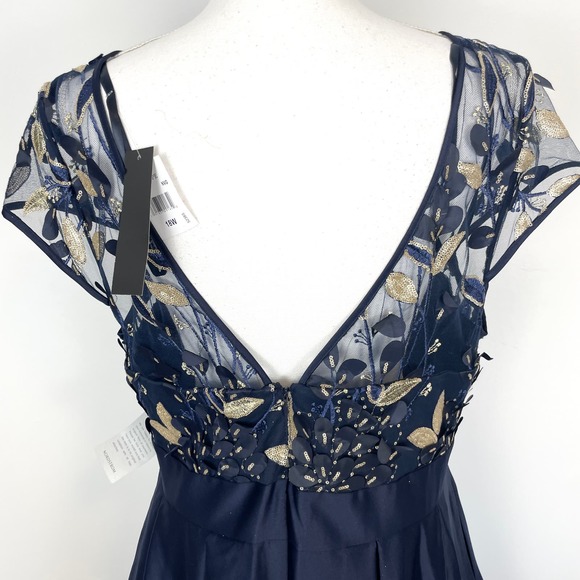 Xscape 3D Floral Applique Illusion Bodice Ball Gown In Navy Size 18W New - Picture 11 of 16